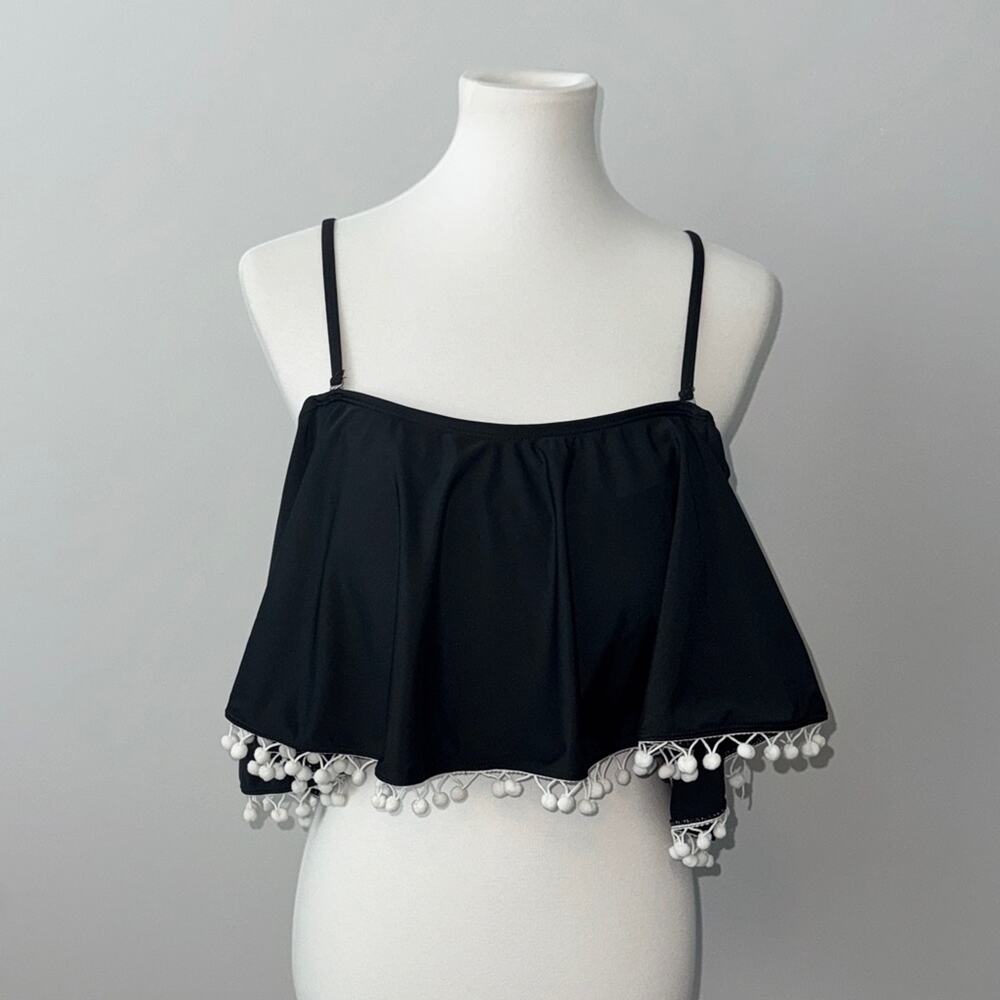 Black and White Pom-Pom Trim Off Shoulder Swim Suit Bikini Top Women's Large
